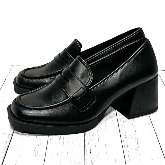 New Black Women Slip On Chunky Heel Penny Loafers - Picture 5 of 7